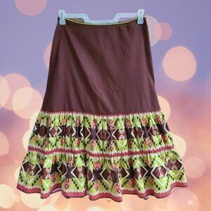 randi m. Women's Tiered Peasant Midi Skirt Brown Lime Green Size 8